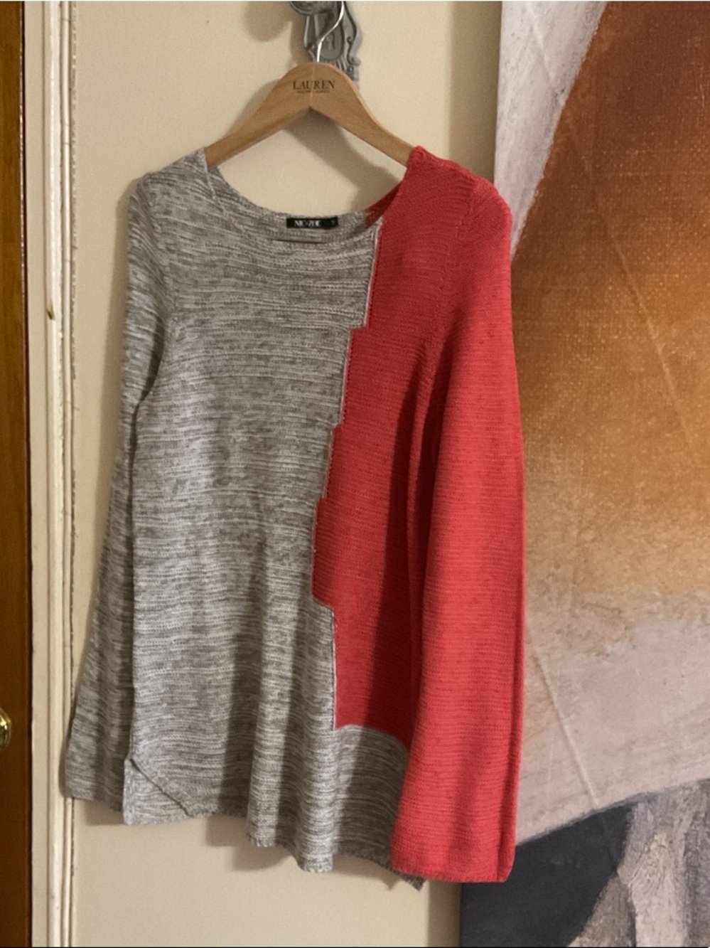 NIC+ZOE Gray and Coral Colorblock Crewneck Sweater